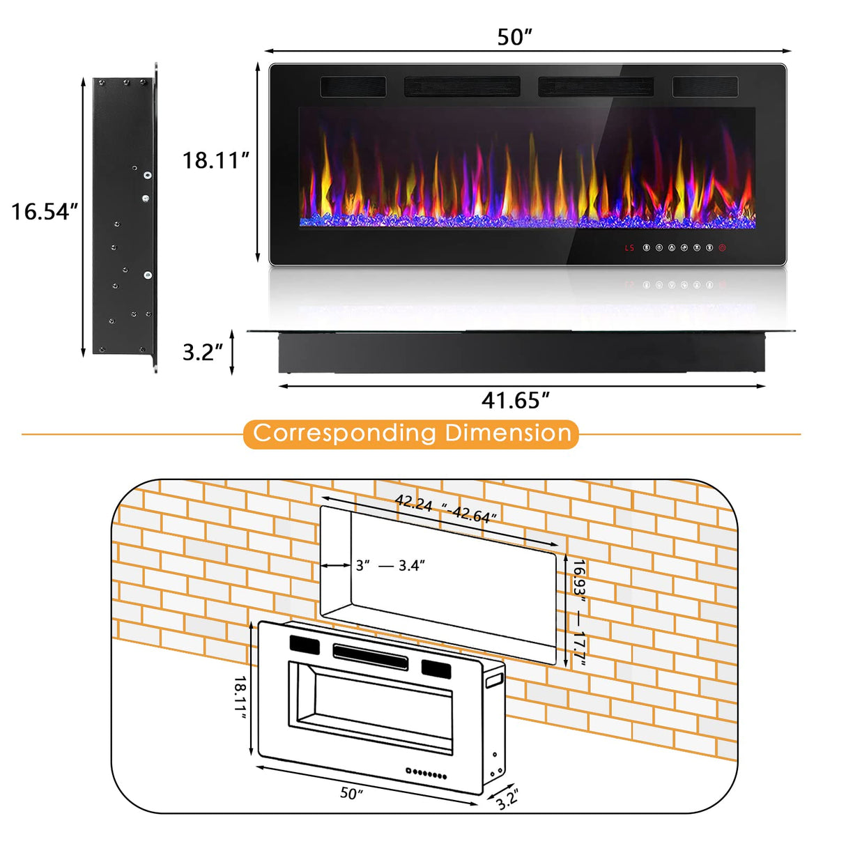 LEMBERI 50 inch Electric Fireplace Recessed and Wall Mounted,750/1500W Heater and Linear Fireplace with Touch Screen Control Panel, Timer,Remote Control,Adjustable Flame Color and Speed LEMBERI
