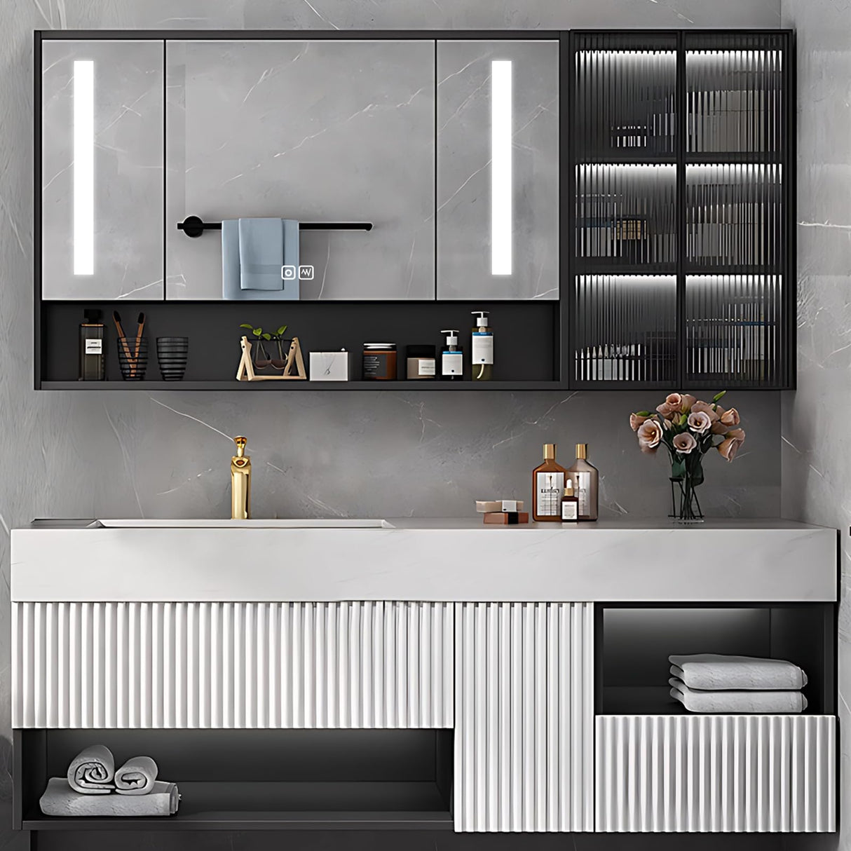 High QLO Bathroom Vanity -60'' Floating Bathroom Vanities with Sink Includes Striped Embossed Glass Door Cabinet & White Simple Unique Style | Marble Texture Design Countertop and Led Light High QLO