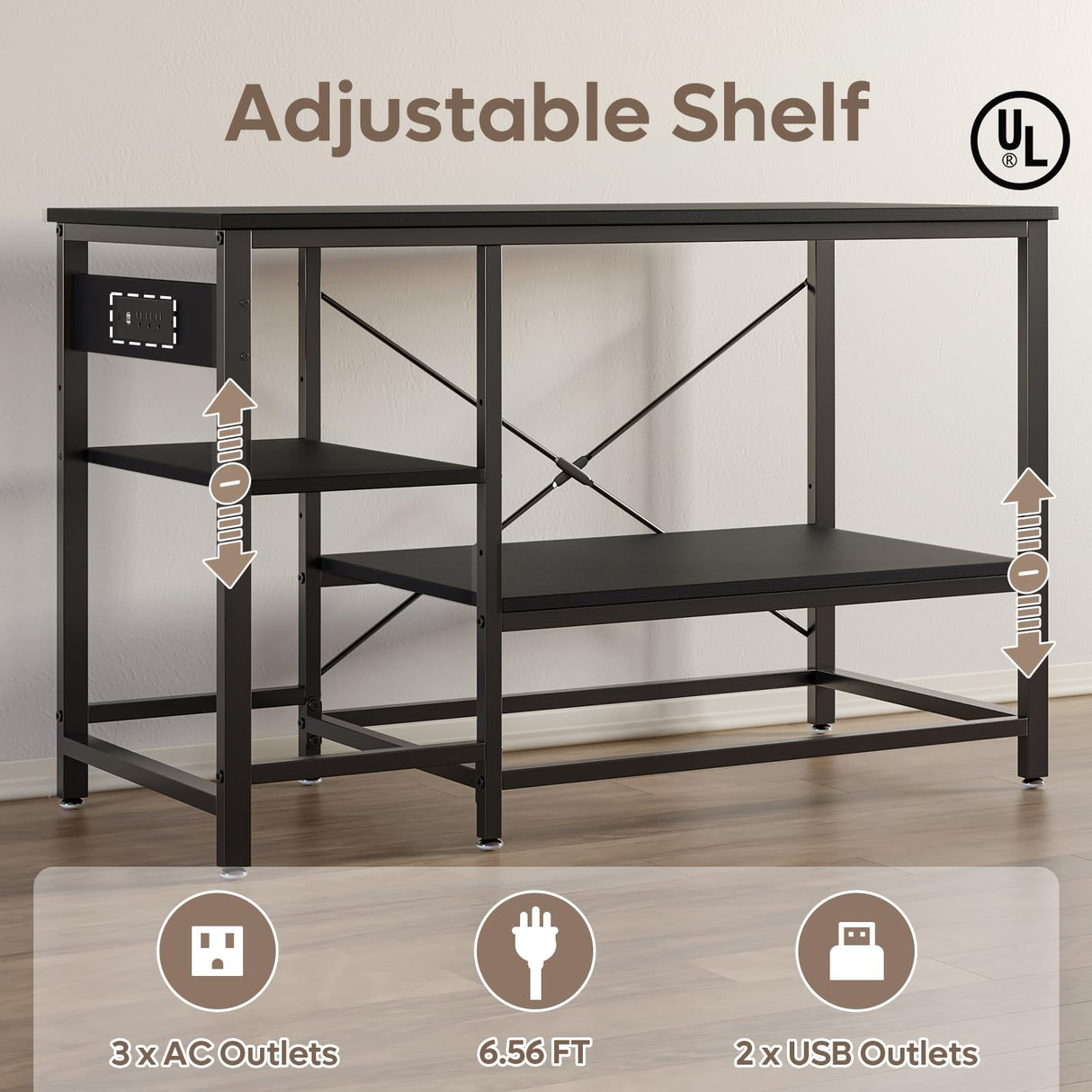 Bestier 55 Gallon Fish Tank Stand with Power Outlet, 49x13 Metal Aquarium Stand, 6-Leg Long Reptile Tank Stand with 3-Tier Adjustable Storage Shelves, 700LBS Capacity, Black Oak Bestier