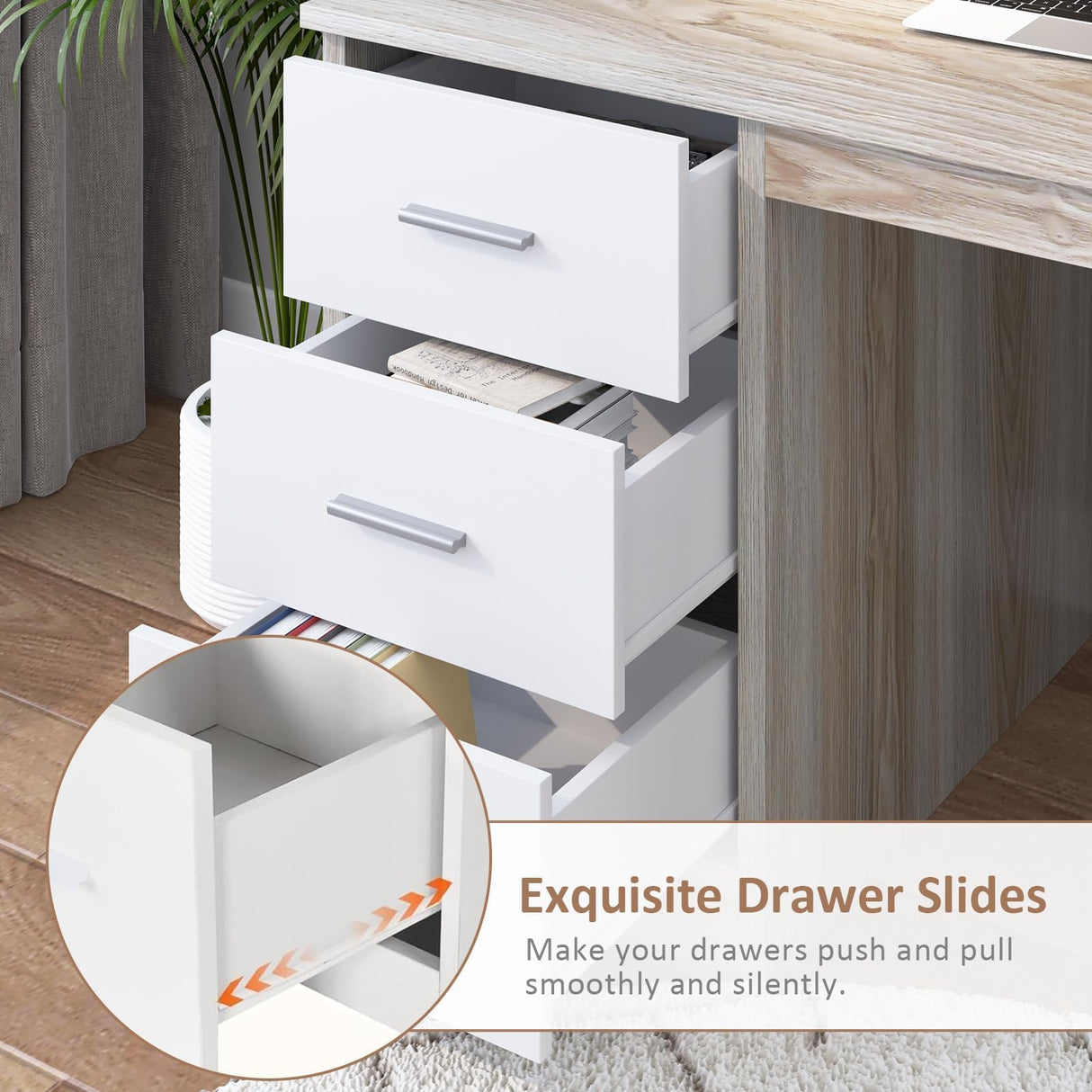 MaverickFurni Walnut and White Desk with 3 Drawers, Small Desk with Storage, Study Desk with Hutch, Kids Desk with Drawers, Wooden Computer Desk for Bedroom MaverickFurni