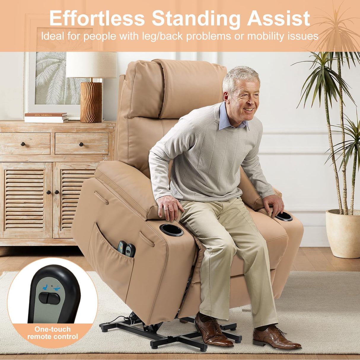 Power Lift Recliner Chair for Elderly, Electric Stand Assist Reclining Chair with Massage and Heat Function, Leather Living Room Furniture, Comfy Single Sofa with Cup Holders, Side Pockets, Brown BRTHORY