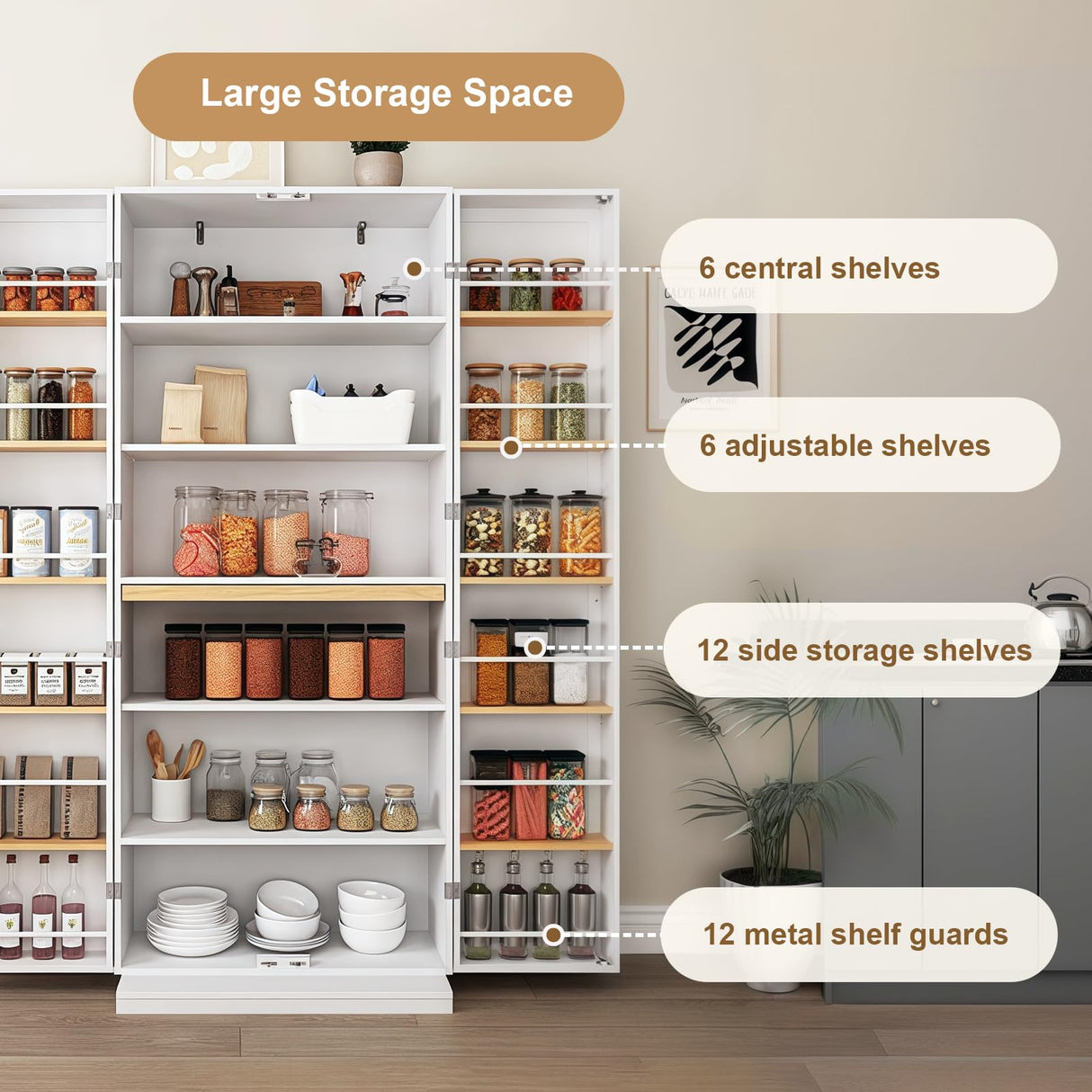 Rumiiro 72" Farmhouse Kitchen Pantry Cabinet with Adjustable & Pull Out Shelves,Wood Cupboard Storage Cabine Freestanding Pantry Cabinet with 12 Door Shelves for Dinning Room,Kitchen,Bathroom Rumiiro