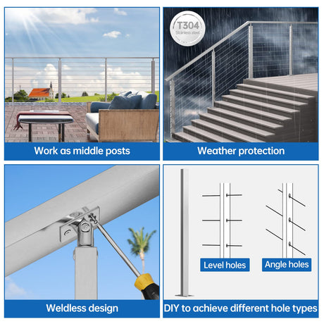 Muzata Intermediate Post Undrilled 42"x1"x2"(Post Body 39") Adjustable Top Cable Railing Post Top Mount Brushed Rectangular Stainless Steel Middle Post Wood Concrete Level Deck, PS11 LN4L Muzata