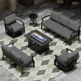 RTDTD Aluminum Patio Furniture Set with Fire Pit Table, 7 Seats Patio Outdoor Conversation Set with Swivel Chair Modern Metal Patio Sectional Sofas with Upgrade Cushions for Patio, Backyard (Grey) RTDTD