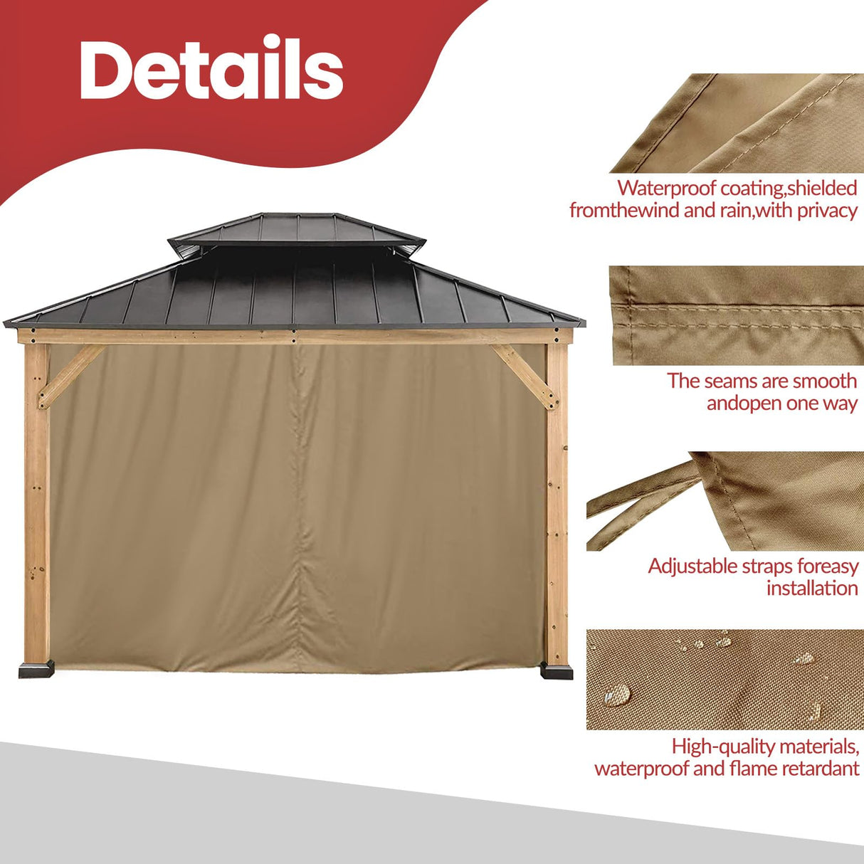 Coastshade Gazebo Pergola Canopy Panel Sidewalls Replacement 10ft Gazebo Pergola Privacy Panels Sidewall for Gazebos with 12Curtain Rings &12Rail Hooks, Khaki CoastShade