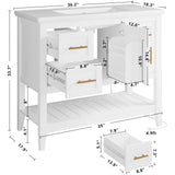 IRONCK Bathroom Vanity with Sink, 36" Modern Undermount Bathroom Sink Cabinet with 4 Drawers&Open Shelf, Vanity Sink with Charging Station and Door Shelves, White IRONCK