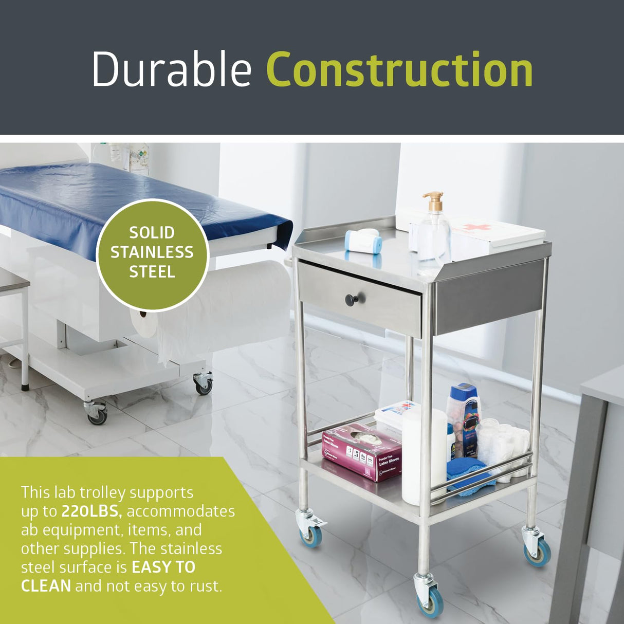 Pearington 2-Tier Rolling Medical and Lab Storage Cart, Large Capacity Portable Cart with Sealed Top and Silent Wheels for Lab, Clinic, Salon, and More, 19.65'' L x 15.72'' W Pearington