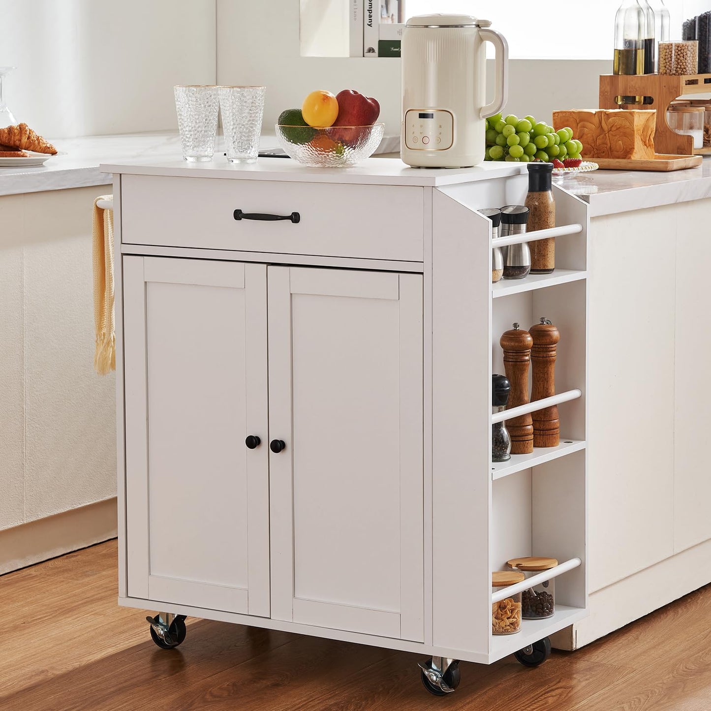 VEVOR Kitchen Island Cart, 32" Mobile Carts with Storage Cabinet, Rolling Table with Power Outlet, Spice Rack, Towel Bar, Adjustable Shelf, Drawer, Dining Living Room Portable Islands on Wheels, White