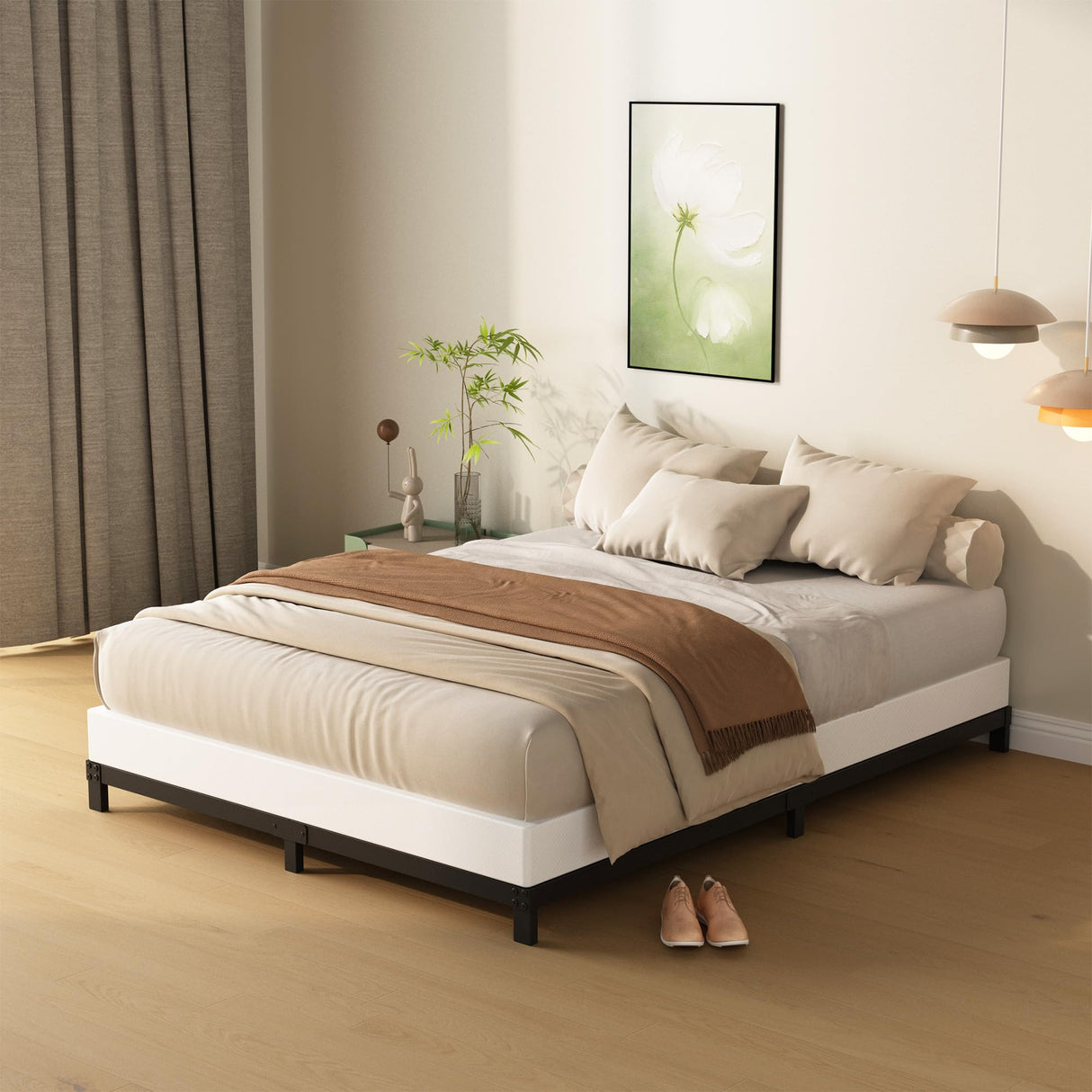 DiaOutro 4 Inch Full Size Box Spring with Fabric Cover, Noise Free Mattress Foundation, Heavy Duty Bed Base, Easy Assembly, Black, White DiaOutro