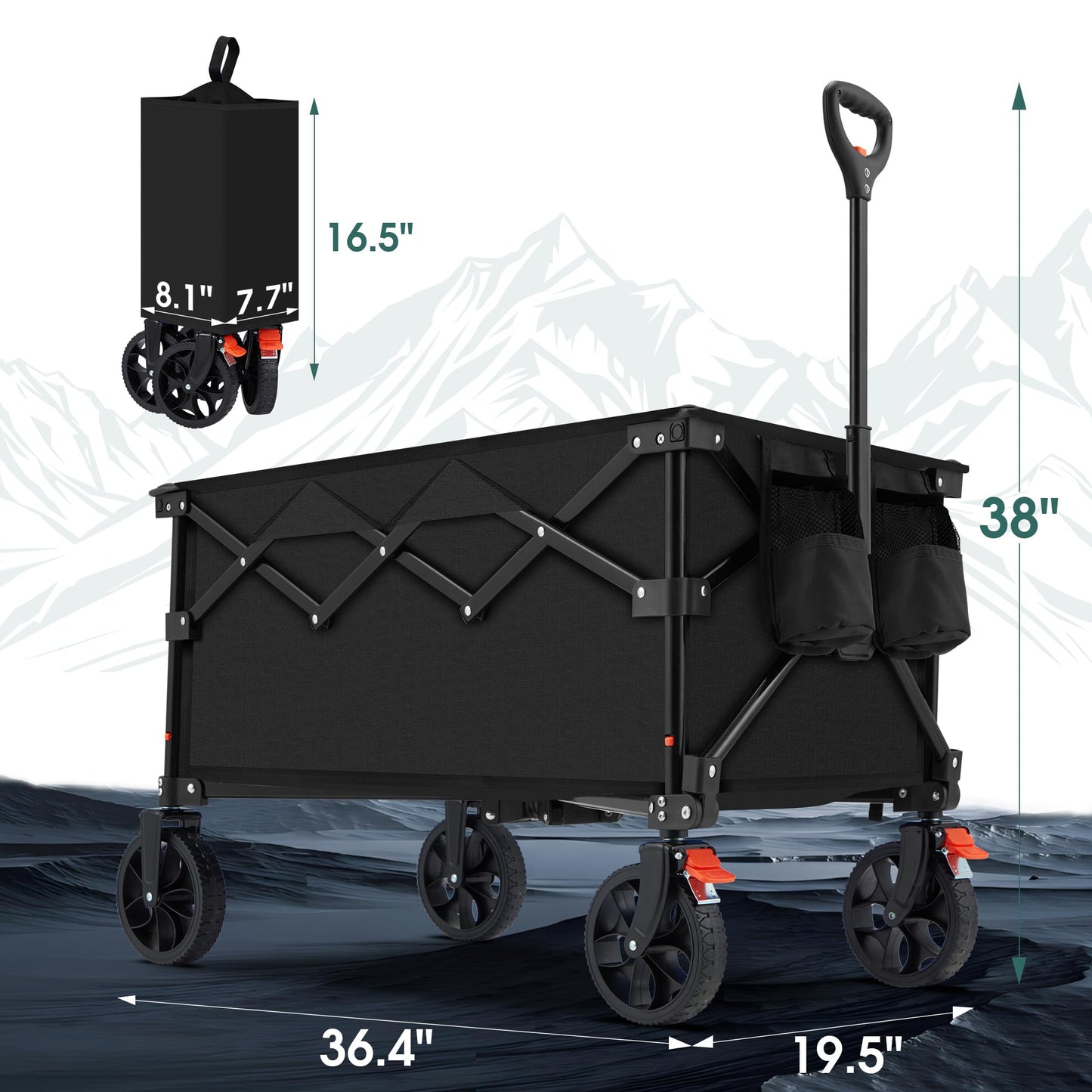 140L Collapsible Folding Wagon Cart with 330lbs Resting Weight Capacity, Heavy Duty Garden Cart with All-Terrain&Brake Wheel, Foldable Utility Wagon with Side Pocket for Groceries Camping,Black