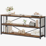 HSH Low Bookshelf, Industrial Wood 3 Tier Extra Long Horizontal Bookcase, Wide Open Metal Large Book Shelf for Bedroom Living Room, Rustic Brown, 70 Inch HSH