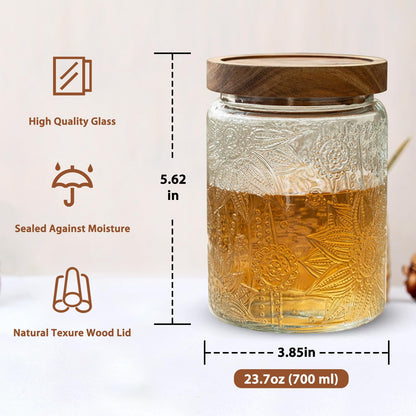 24 OZ/4 PCS Glass Storage Jar with Airtight Bamboo Wooden Lids, Vintage Food Containers Canisters Sets for Kitchen Counter Pantry, Sugar, Flour, Candy, Tea, Coffee Beans, Oats, Grain Bin, Pasta,