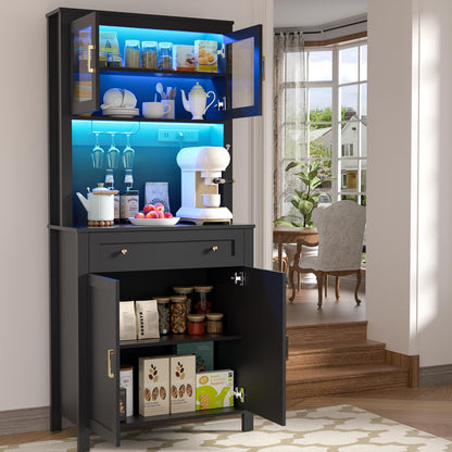 HPWLYO 72" Tall Farmhouse Kitchen Pantry Cabinet with LED Light and Power Outlets, Large Wood Storage Cabinet with Microwave Stand, Adjustable Shelves, Cupboard for Dining Room - WoodArtSupply