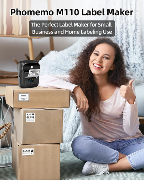 Phomemo Label Maker - M110 Address Label Printer Bluetooth Thermal Printer for Business, Office, School, Home-use, Barcode, Logo, Clothing Label, with 3 Label, Black Phomemo