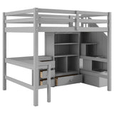MERITLINE Full Size Loft Bed with L-Shaped Desk,Drawers,Staircase and Bookcase,Solid Wood High Loft Bed with Stairs and Guardrails,for Adults, No Box Spring Needed (Grey,Full) MERITLINE