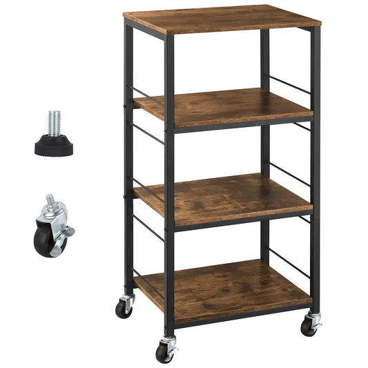 YBING Kitchen Island Cart Utility on Wheels Rolling Cart with Storage Organizer 4-Tier Farmhouse Serving Cart Stand with Wood Tabletop Shelf Units for Bathroom Office Industrial Brown