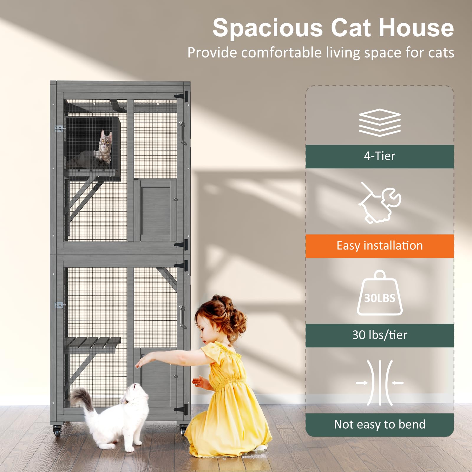 TIMHAKA 4 Tiers Cat Catio Outdoor Cat Enclosure, Cat House Outdoor Catio with Sunshine Panel Waterproof Roof, Large Enclosure with Run on 4 Wheels, Cat Cage with Removable Wood Bottom and PVC - WoodArtSupply