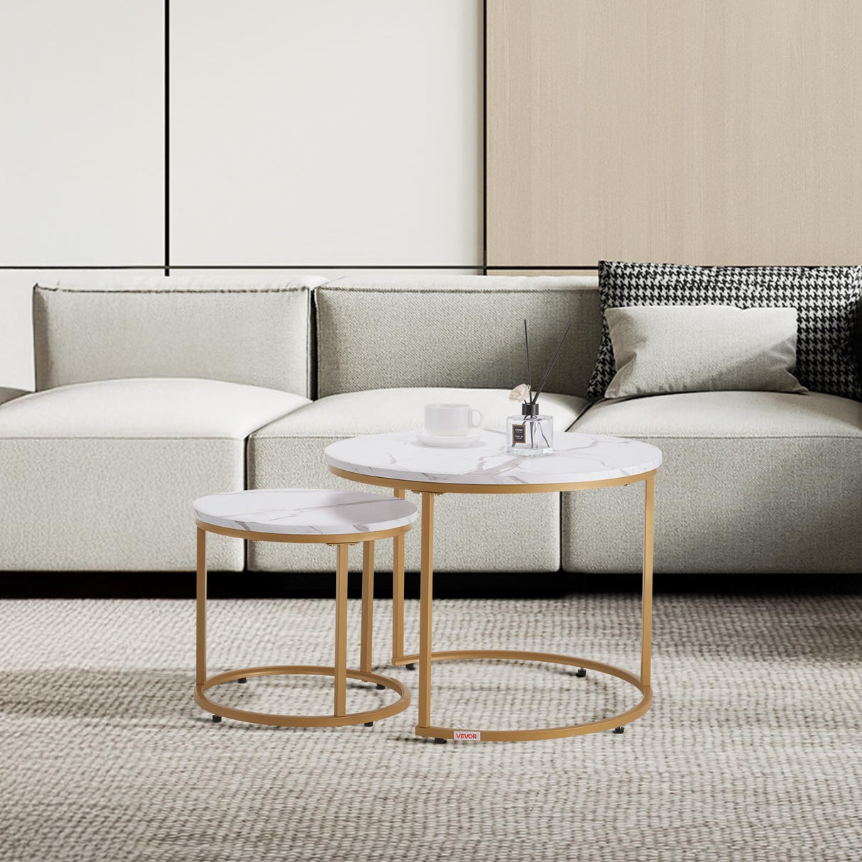 VEVOR Nesting Tables, Coffee Table Set of 2, 23.6 inch Round Coffee Table, Small Coffee Tables Night Stand with Metal Frame, for Living Room, Bedroom, Office (White & Gold) VEVOR