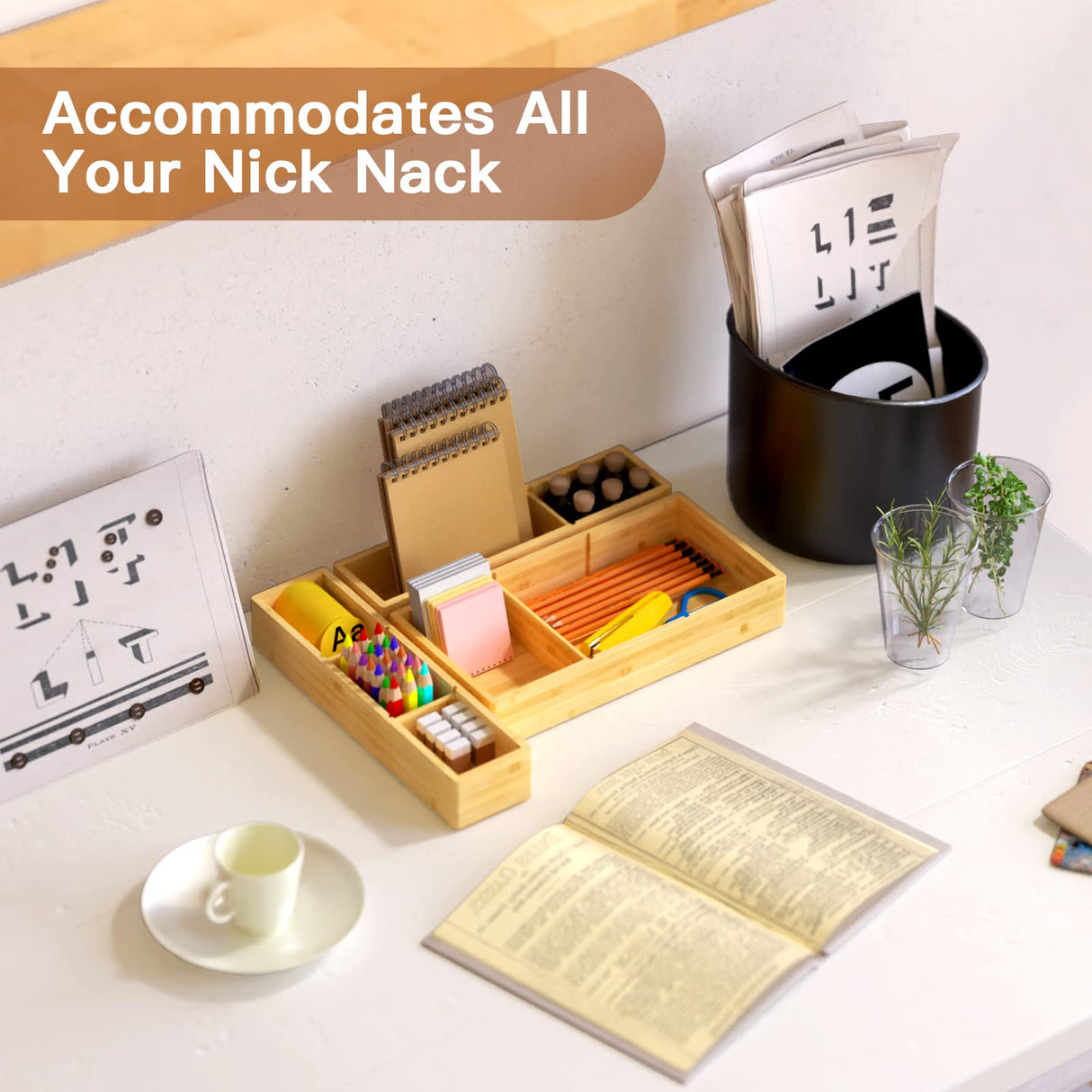 Bamboo Drawer Organizer 12.5'' X 12.5'' X 2'', Adjustable 3 Individual Junk Drawer organizer for Bathroom and Kitchen, Wood Drawer Organier Boxes for Jewellery, Make up and Tea Bag DUJEN