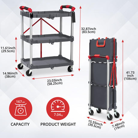 Towallmark Portable Folding Service Cart, 3 Tier Folding Utility Cart, Collapsible Utility Carts for Office, Warehouse, and Home, 56 Lbs Load Capacity per Shelf (Grey & Red) Towallmark