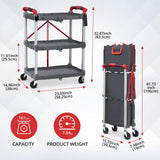 Collapsible Portable Folding Service Cart, 3-Tier Folding Utility Cart with Load Capacity of 165 Lbs Total, Foldable Utility Service Cart with Lockable Wheels for Office, Warehouse, Home Use (Grey) TROPOW