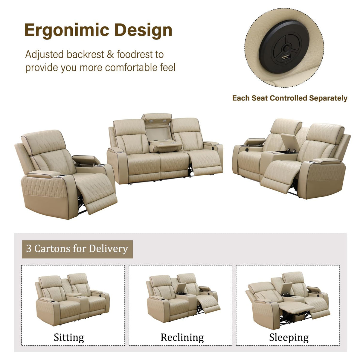 GEBADOL Power Recliner Sofa Set for Living Room,Khaki Leather Reclining Sofas with USB Port,Leather Couch with Power Recliner for Living Room/Apartment/Office GEBADOL