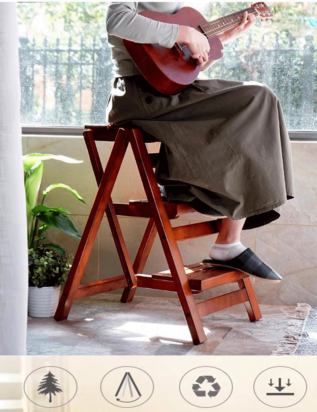 Bidesen 3 Step Stool Wooden Folding Ladder Chair Thickened Library Stair Chair Portable Light Garden Tool Ladder Maximum Load 337bl Bidesen