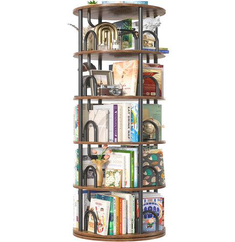 Aheaplus 5 Tier Rotating Bookshelf Tower, 360 Display Spinning Bookcase, Revolving Round Book Shelf Narrow Swivel Bookshelf, Vertical Turning Corner Book Organizer for Small Space, Rustic Brown Aheaplus