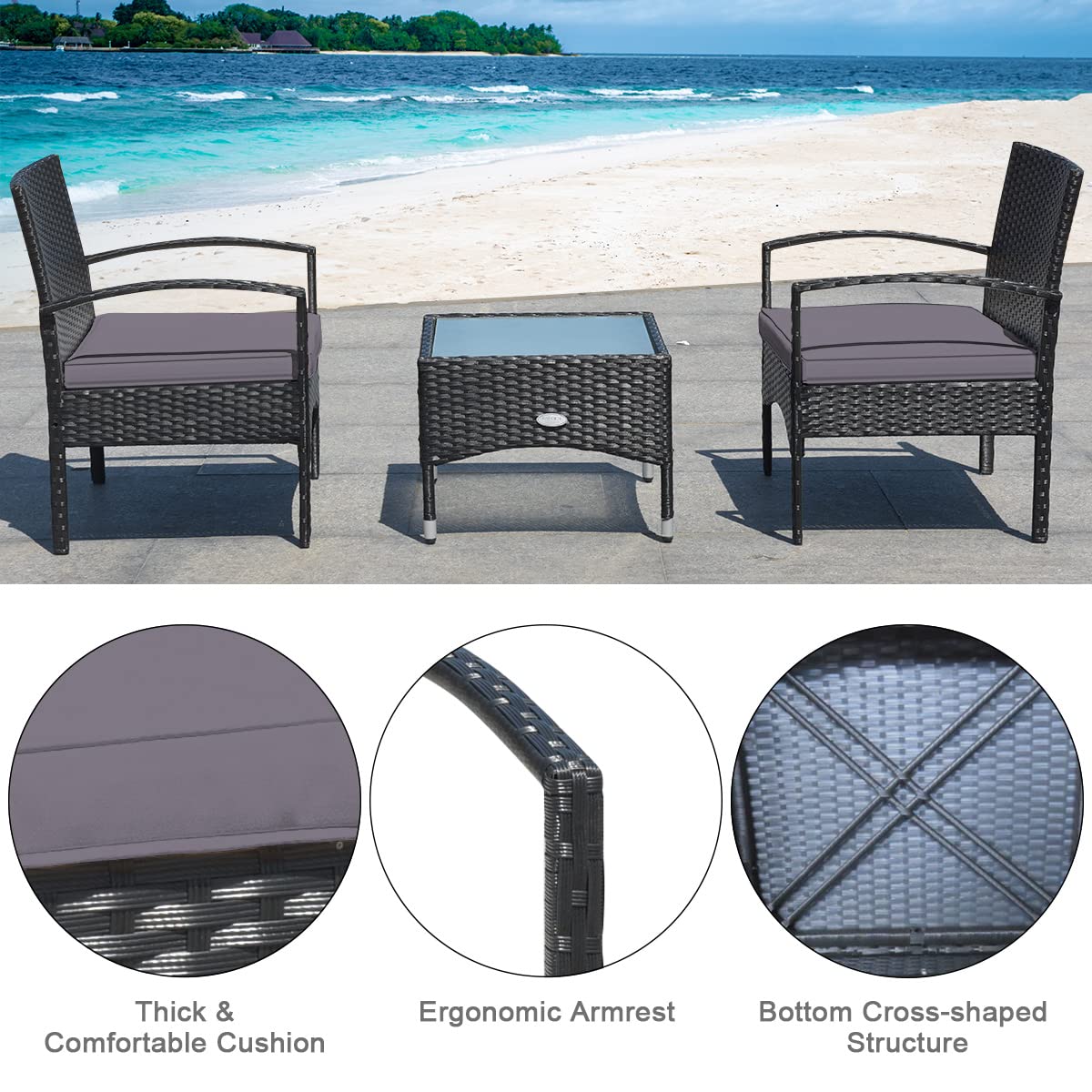 COSTWAY 3 PCS Patio Wicker Conversation Set, PE Rattan Sofa with Tempered Glass Coffee Table, 2 Chairs, 2 Cushions, Outdoor Patio Furniture Set for Yard Porch Bistro Balcony Backyard Pool, Gr - WoodArtSupply