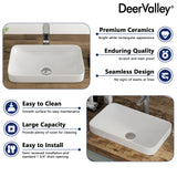 Bathroom Vessel Sink, DeerValley 19'' x 12'' Semi Recessed Bathroom Sink Rectangular White Ceramic Vessel Sinks for Bathroom Modern Bath Sink Bowl Vanity Sink Above Counter Basin DV-1V0047 Deer Valley