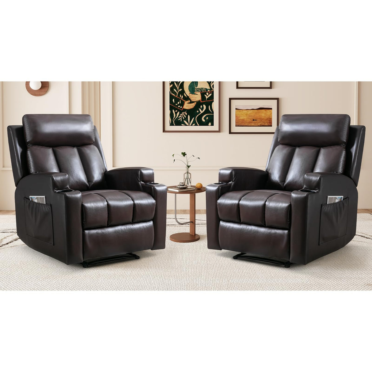 CANMOV Manual Massage Heat Recliner Chair Set of 2,Breathable Leather Recliner Chair with Armrest and Backrest, Manual Reclining Single Sofa with 2 Cup Holders, Side Pocket for Living Room,Dark Brown CANMOV