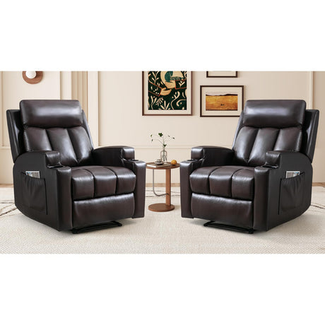 CANMOV Manual Massage Heat Recliner Chair Set of 2,Breathable Leather Recliner Chair with Armrest and Backrest, Manual Reclining Single Sofa with 2 Cup Holders, Side Pocket for Living Room,Dark Brown CANMOV