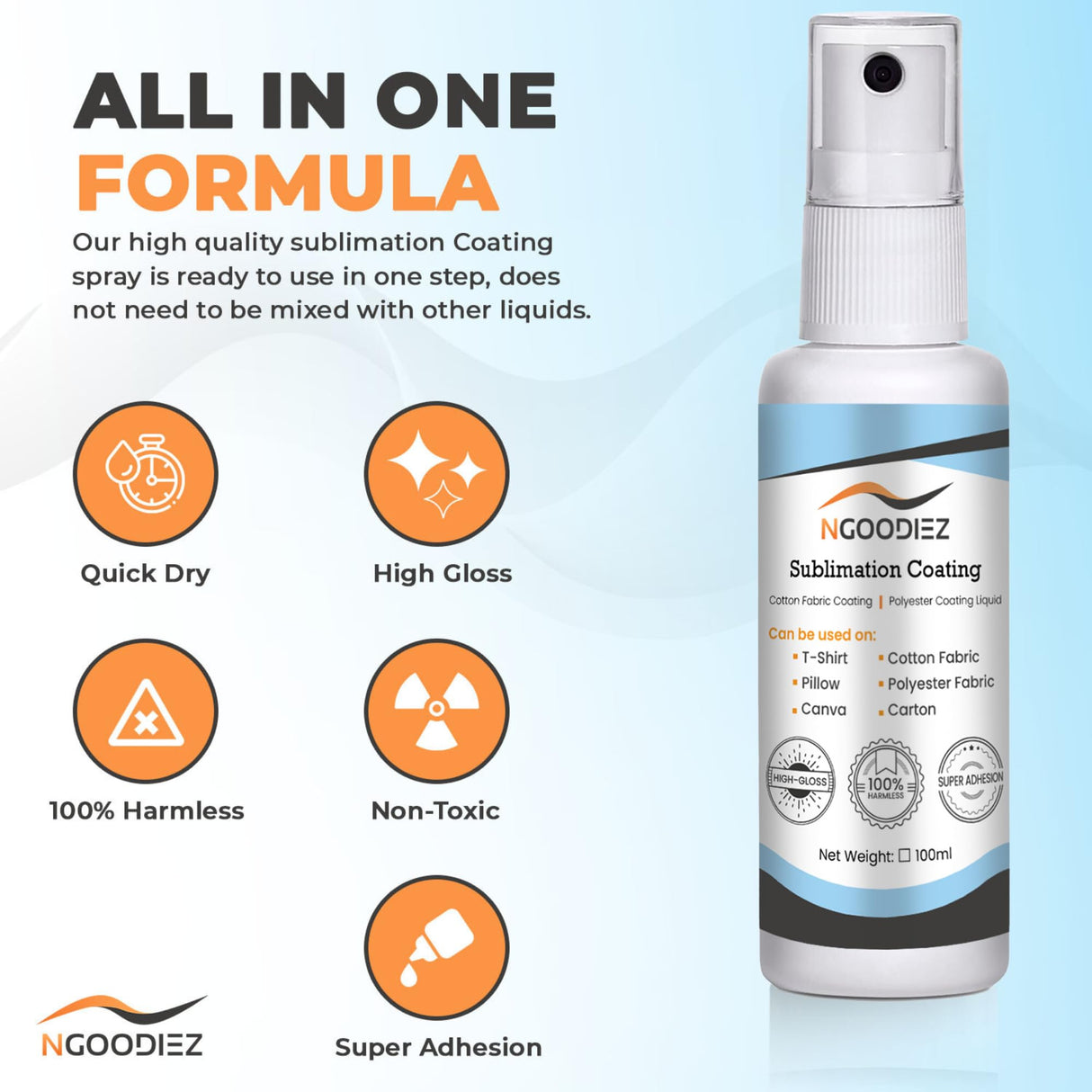 NGOODIEZ Sublimation Coating & Paper Bundle - High Gloss Finish Spray + A4 Sublimation Paper - 100ml Coating + 100 Sheets NGOODIEZ