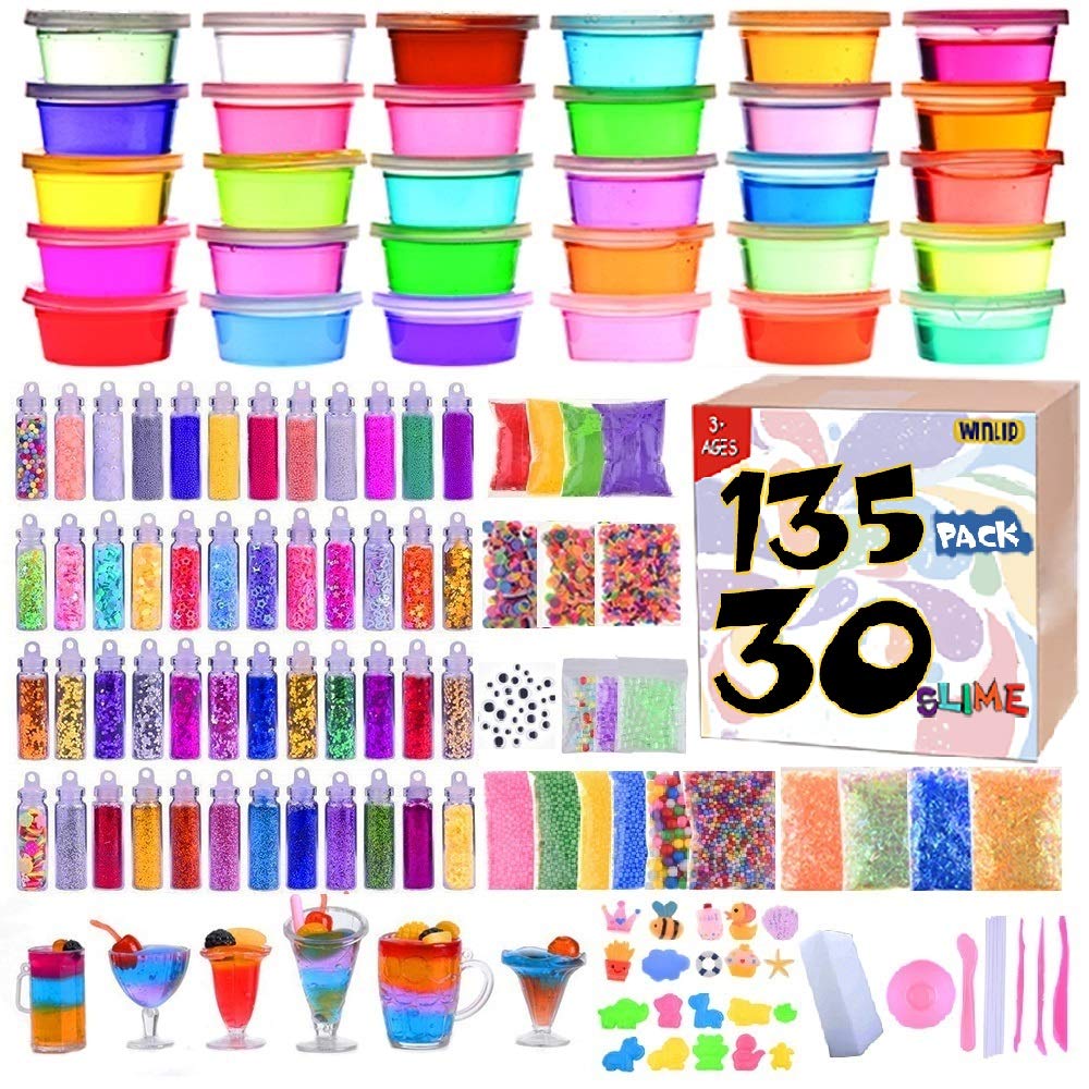Slime Supplies Kit, 135 Pack Slime Making Kit 30 Crystal Slime, Glitter Jars, Charms, Sugar Paper, Foam Beads, Fishbowl Beads, Toy Cups, Slices, Air Dry Clay and Tools for Kids Girls by WINLIP WINLIP
