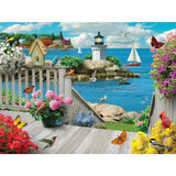 Bits and Pieces – 500 Piece Jigsaw Puzzle for Adults – Seacoast Serenity - Ocean Boat Birds Summer Light House Flower Jigsaw Puzzle by Artist Alan Giana, Completed Puzzle Size: 18" x 24" Bits and Pieces