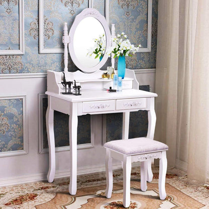 Vanity Table Set, 4 Drawers Makeup Table with Oval Mirror & Stool, Bedroom Wood Dressing Table White - WoodArtSupply