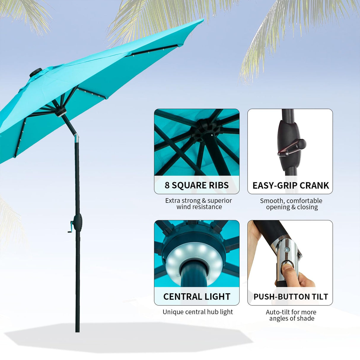 GDY 10Ft Patio Umbrella, Solar Powered 40 LED Lighted Outdoor Table Market Umbrellas with Tilt and Crank, Center Light (Lake Blue)… GDY