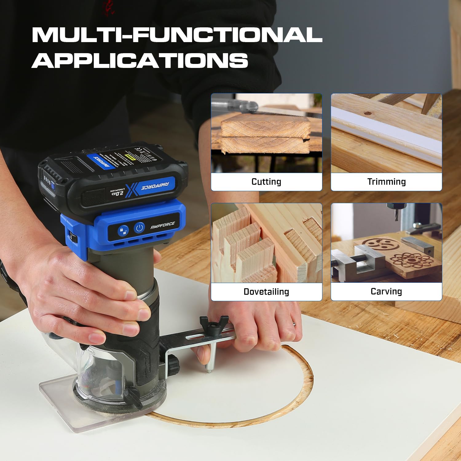 AMPFORCE 20V Cordless Router Tool, 6 Variable Speeds 30,000RPM Brushless Trim Router, Compact Wood Palm Router for Woodworking with Fixed Base, Trim Router Bits, and 2 Batteries - WoodArtSupply