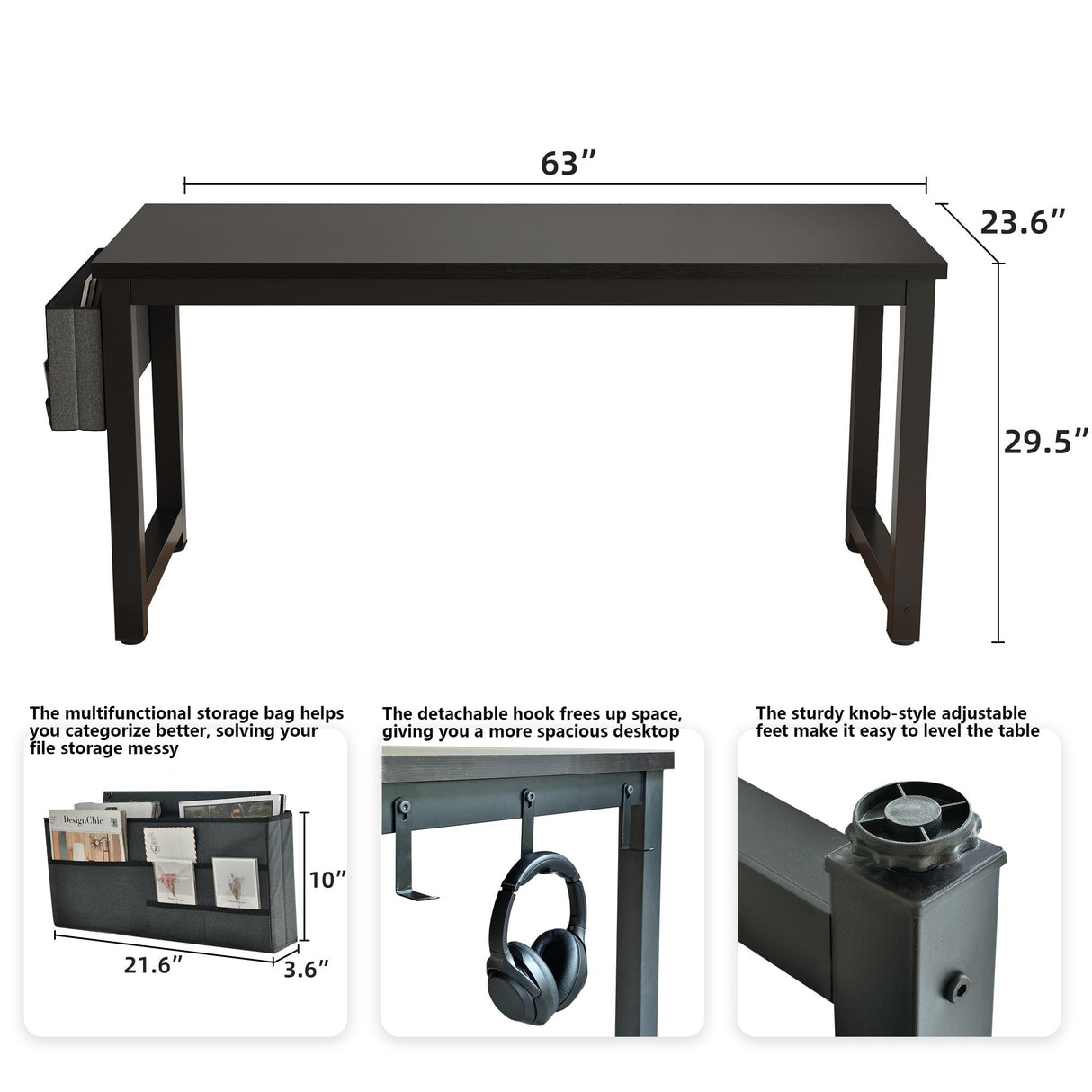 SURMIO Large Computer Desk - 63 Inch Home Office Desk Study Student Writing Table Gaming Desk Wood Modern Simple Table with Storage Bag & Headphone Hooks, Black SURMIO