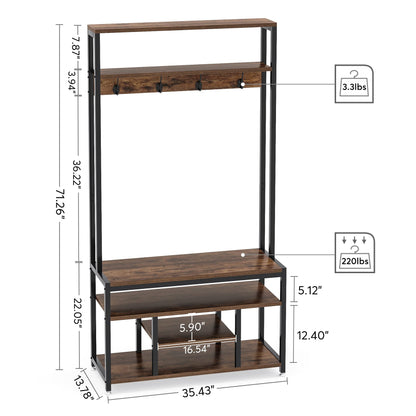 Tribesigns Entryway Bench with Coat Rack, 4 IN 1 Hall Tree with Shoe Rack, Shoe Bench, 4 Hanger Hooks and Storage Shelf for Entryway, Hallway (Rustic Brown)