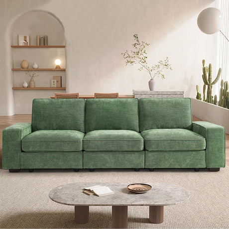 TEKAMON 100" Modular Sofa with Seats Storage, Comfy 3-Seater Chenille Fabric Couch for Living Room, Office, Apart W/Deep Seat, USB Charging, Upholstered Couch with Removable Cover(Green) TEKAMON