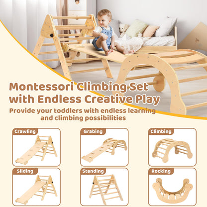 YOLEO Pikler Triangle Set, Foldable 7-in-1 Montessori Climbing Set Fun Baby Pickler-3 Piece Climbing Jungle Gym and Indoor Playground Climbing Toys for Toddlers 1-3 Inside (Natural, Standard Version)