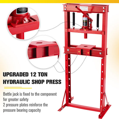 GarveeTech 12 Ton Hydraulic Press, H-Frame Garage Floor Hydraulic Shop Press, Garage Floor Press with 2 Press Plates, Adjustable Working Table Height, for Gears, Bearings, Red - WoodArtSupply