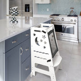 TOETOL Bamboo Toddler Kitchen Stool for Kids Step Stool - White Little Helper Tower Adjustable Height with Learning Black & White Activity Board1 TOETOL