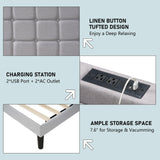 LUXOAK King Size Bed Frame with LED Headboard, Linen Button Tufted Upholstered Platform Bed with USB Charging Station, Strong Wooden Slats Support, No Box Spring Needed, Light Grey LUXOAK