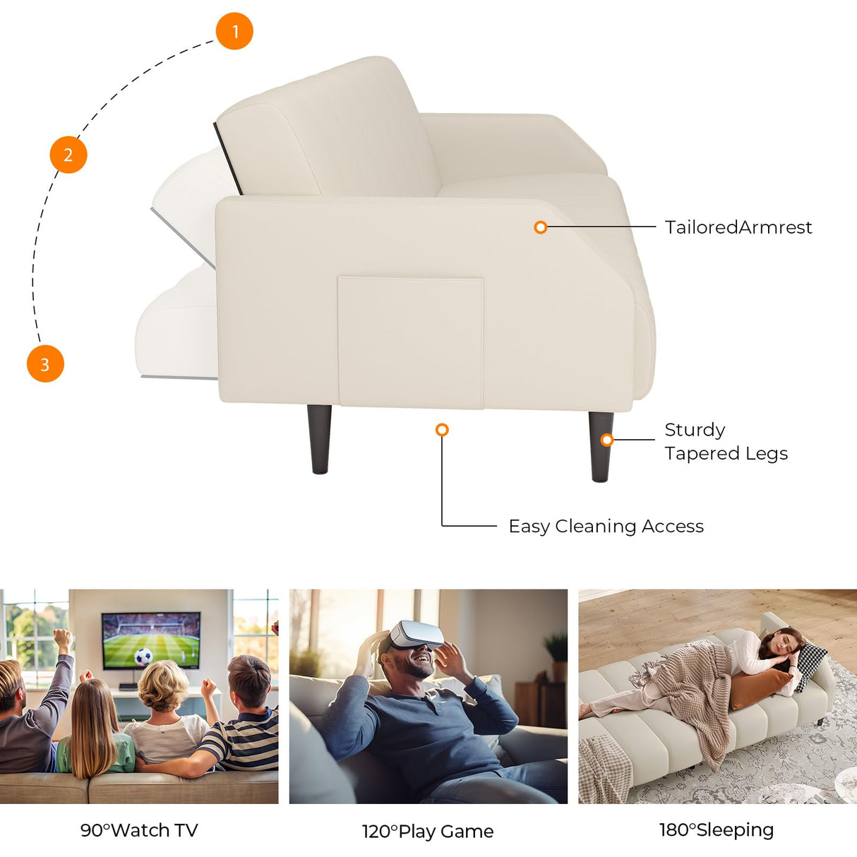 Fadware Faux Leather Couch, Convertible Futon Sofa Bed with Adjustable Backrest, Mid Century Leather Sofa Loveseat with Side Pockets& Metal Leg, Modern Leather Sleeper Sofa for Living Room Bedroom Fadware