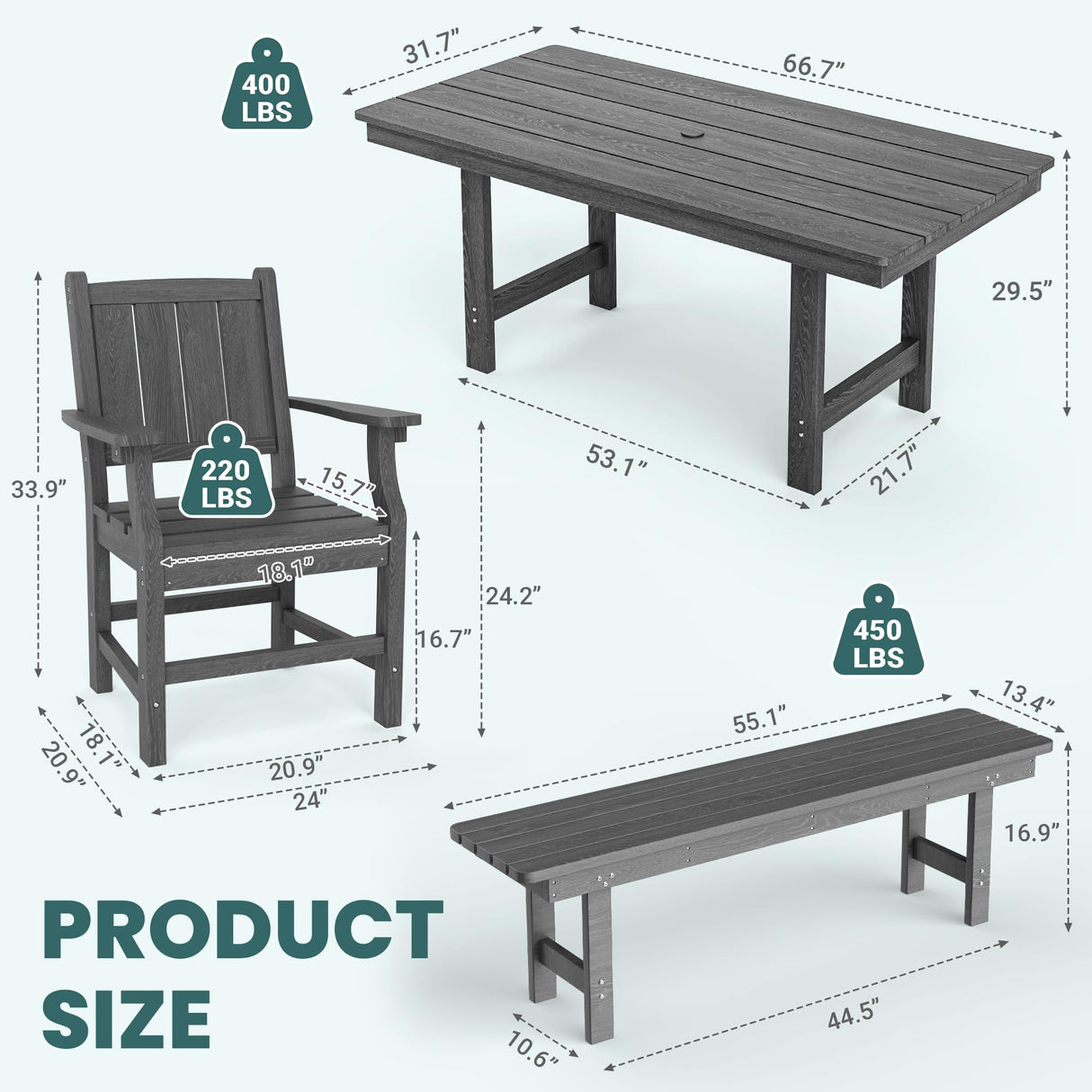 Pamapic 6 PCS Outdoor Dining Set, Spacious HDPE Outdoor Table with 4 Chairs and 1 Bench, Wood Grain Patio Furniture Sets with Elegant Armrest, All-Weather Patio Dining Table with Umbrella Hole, Gray Pamapic