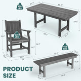 Pamapic 6 PCS Outdoor Dining Set, Spacious HDPE Outdoor Table with 4 Chairs and 1 Bench, Wood Grain Patio Furniture Sets with Elegant Armrest, All-Weather Patio Dining Table with Umbrella Hole, Gray Pamapic