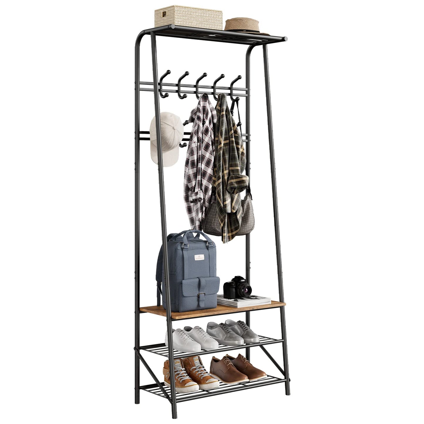 Coat Rack Shoe Bench with 10 Hooks, Hall Trees Entryway Bench with Storage, Multifunctional Hallway Organizer, Wood Look Accent Furniture with Metal Frame - WoodArtSupply