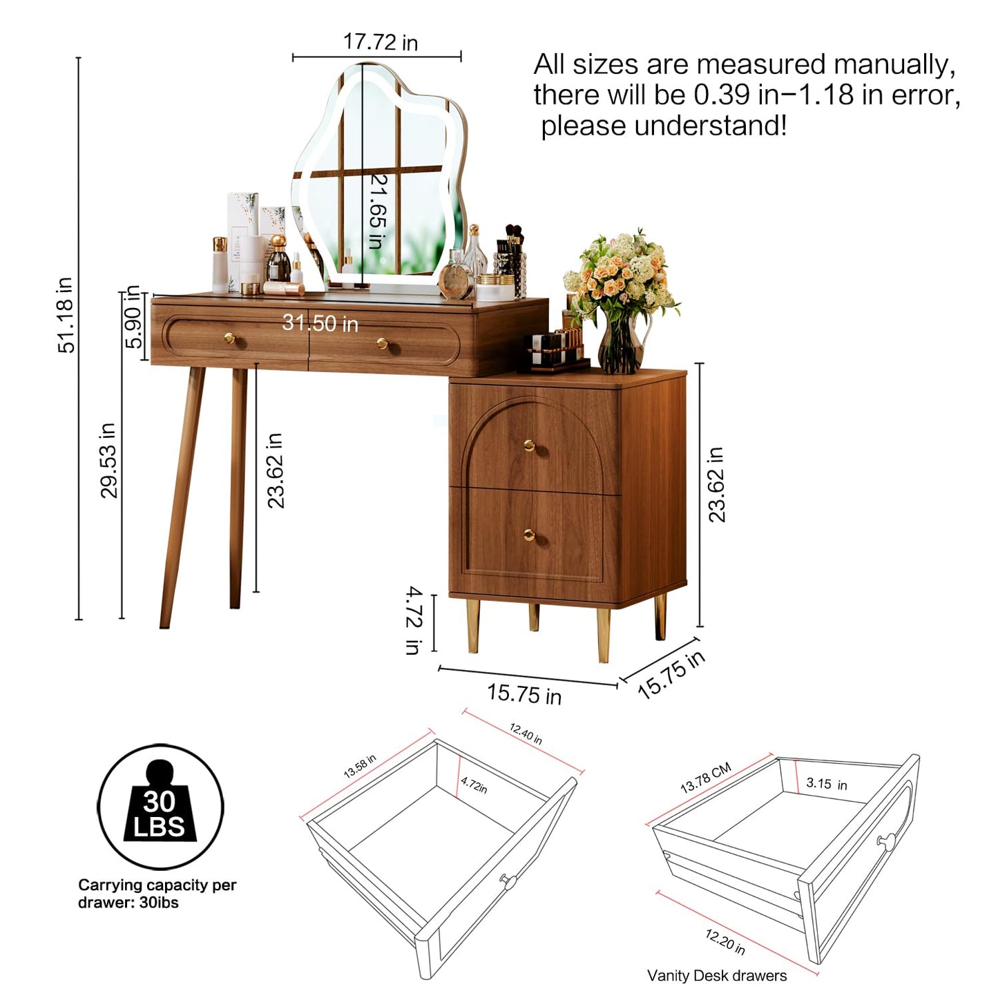 Chrangmay Stylish Corner Vanity desk with mirror and lights,Small makeup vanity with 4 drawers,Modern makeup table with Adjustable Cabinet for Bedroom,Makeup Room,Writing Desk,Brown